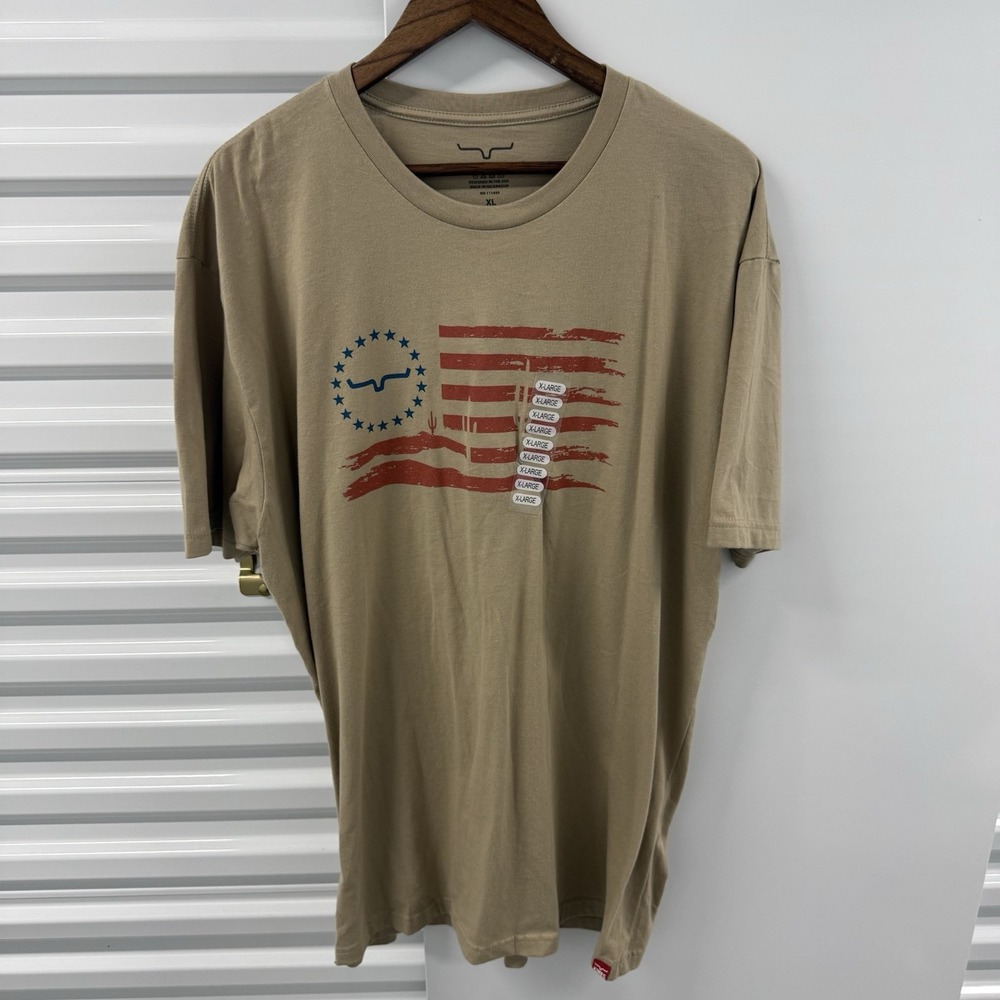 Kimes Ranch Men's XL T Shirt American Flag Western Cowboy Rodeo Graphic Tan